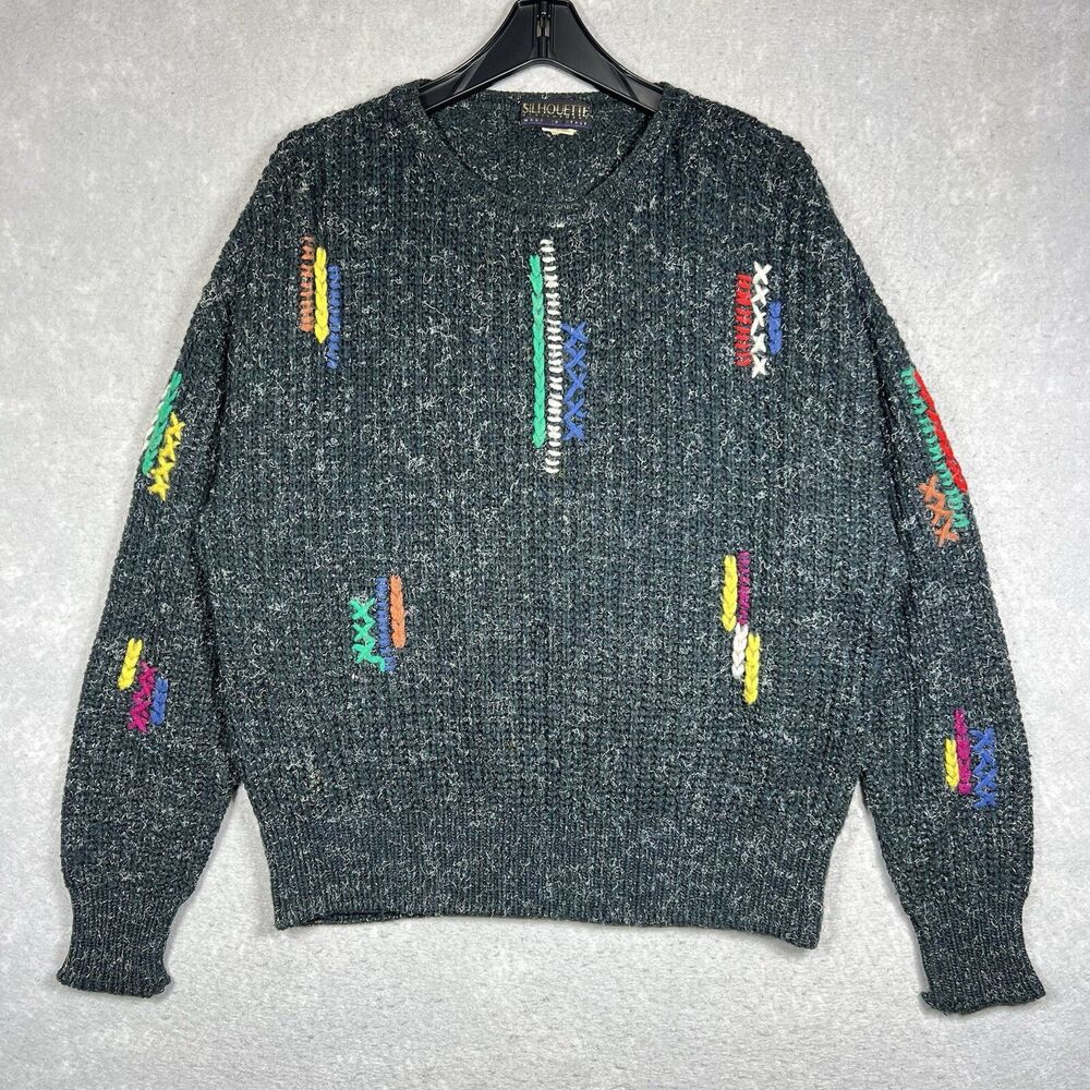 VTG Silhouette Knit Sweater Crewneck Men Small Wool Gray Long Sleeve Italy *HOLE